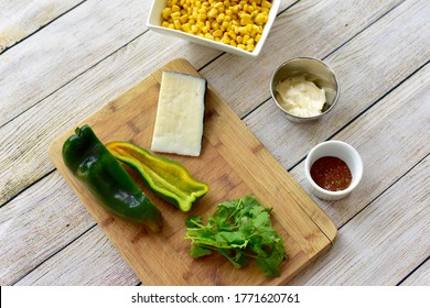 Fresh Organic Whole Ingredients Laid Out For Making Delicious Tasty Mexican Street Corn Salad For Fiesta Cinqo De Mayo Family Celebration Party