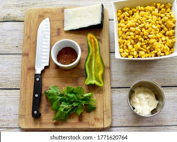 Fresh Organic Whole Ingredients Laid Out For Making Delicious Tasty Mexican Street Corn Salad For Fiesta Cinqo De Mayo Family Celebration Party