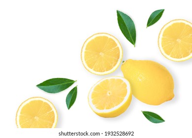 Fresh organic yellow lemon fruit with slice and green leaves isolated on white background . Top view. Flat lay.