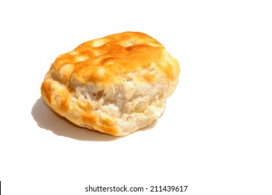 A  Fresh From The Oven Piping Hot Golden Brown Flour Biscuit Isolated On White With Room For Your Text. Flour Biscuits Are Eaten Around The World By Hungry People, With Fried Chicken, Gravy And More.