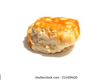 A  Fresh From The Oven Piping Hot Golden Brown Flour Biscuit Isolated On White With Room For Your Text. Flour Biscuits Are Eaten Around The World By Hungry People, With Fried Chicken, Gravy And More.