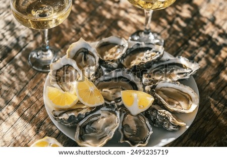 Fresh Oysters with champagne close up top view, over wood background, open french Fine de Claire oysters. Dinner in a restaurant, sea food. Served table with Oyster. Gourmet food, delicatessen  