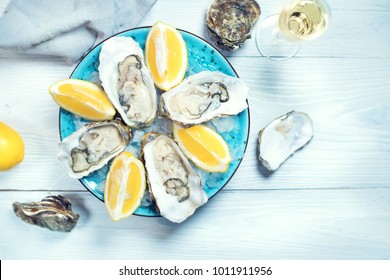 Fresh Oysters close-up on blue plate, served table with oysters, lemon and ice. Table top view. Healthy sea food. Fresh raw Oyster dinner in restaurant. Gourmet food.
