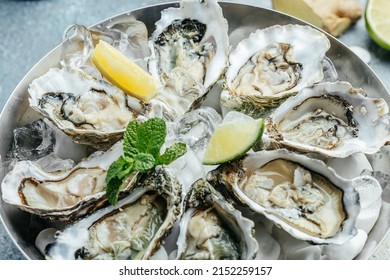 Fresh oysters with lemon and ice. Restaurant delicacy. oysters dish. Oyster dinner with champagne in restaurant, banner, menu, recipe place for text, top view,