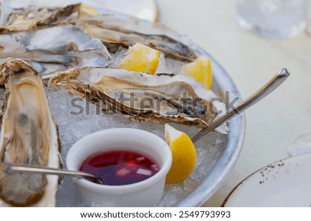Fresh oysters on the halves of the shell are served in a plate with ice, lemons and sauce.
