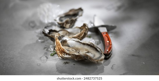 Fresh Oysters on ice close-up. Open French Fine de Claire oysters and knife on a gray table. Healthy sea food. Oyster dinner in restaurant. Grey background. Seafood, Gourmet food. - Powered by Shutterstock