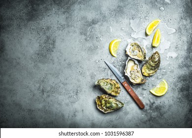 Fresh Oysters On Ice, Knife, Lemon Wedges. Rustic Stone Background. Opened Fresh Raw Oysters. Top View. Copy Space. Oyster Bar. Seafood. Oysters Concept. Party Food. Space For Text. From Above 