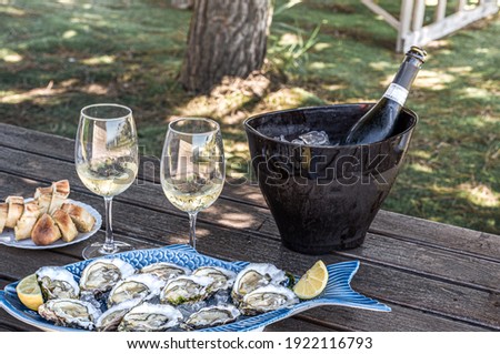 Fresh oysters prepared on ceramic plate and wine glasses with champagne on dark wood background in outdoor restaurant