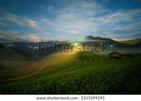 Fresh paddy rice terraces, green agricultural fields in countryside or rural area of Mu Cang Chai, mountain hills valley in Asia, Vietnam. Nature landscape background at night time.