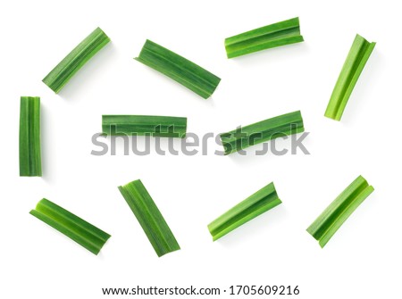 fresh pandan leaf sections isolated on the white background, top view