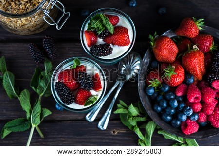 Similar – Foto Bild Frische Erdbeeren im Sieb und Marmelade im Glas