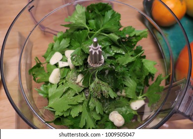 Fresh Parsley And Garlic In A Food Processor      