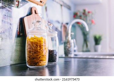 Fresh Pasta In Jar On Kitchen Table Top. Home Staging