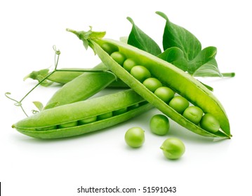 fresh pea fruit with green leaf isolated on white background