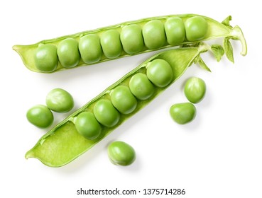 fresh pea pods isolated on white background, top view