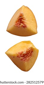 Fresh peach eighth segments in different views isolated on white background, top view