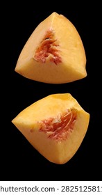 Fresh peach eighth segments in different views isolated on black background, top view