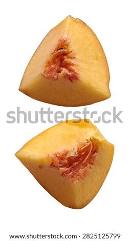 Fresh peach eighth segments in different views isolated on white background, top view