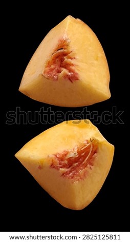 Fresh peach eighth segments in different views isolated on black background, top view
