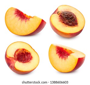 Fresh peach fruits half. Peach isolated on white background. Peach collection Clipping Path. Professional studio macro shooting