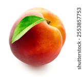 Fresh peach with leaf isolated on white background with clipping path.