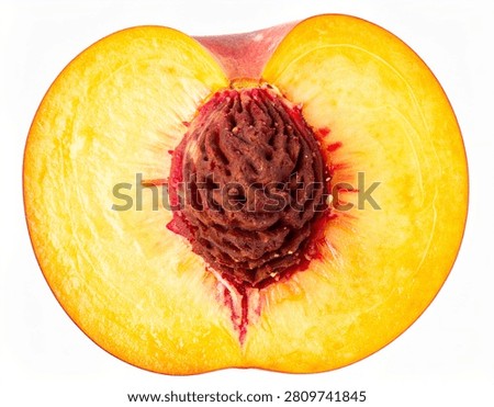 Fresh Peach Split in Half with Visible Pit Isolated on White Background for Premium Summer Fruit and Culinary Branding