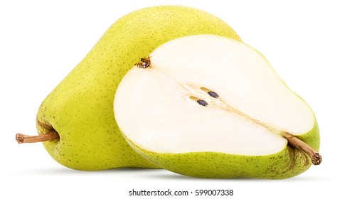 Fresh pears, one and a half yellow fruit isolated on white background - Shutterstock ID 599007338