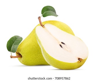 Fresh pears, one and a half yellow fruit with leaf isolated on white background. Full depth of field. - Shutterstock ID 708957862
