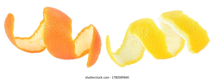Fresh Peel Of Lemon And Orange Fruit Isolated On A White Background. Citrus Zest Spiral.