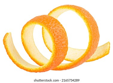 Fresh Peel Of Orange Fruit Isolated On A White Background. Orange Spiral Zest. Citrus Fruit.