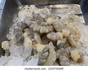 Fresh Peeled Prawns Covered With Ice