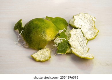 Fresh, peeled sweet orange skin on a wooden surface. - Powered by Shutterstock