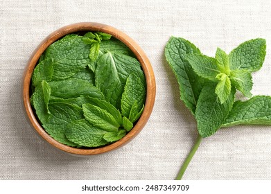 Fresh peppermint leaves in wooden bowl on linen fabric. Hybrid species of mint, a cross between watermint and spearmint. Plant source of menthol, used as tea, to flavor food and in cosmetic products. - Powered by Shutterstock