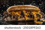 A fresh Philly cheese steak sandwich half suspended in mid-air, with droplets of cheese glistening on the beef and bread, captured in a dynamic moment with splashes surrounding it. Set against a