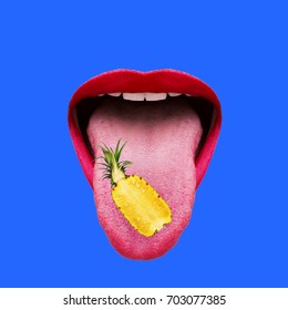 Fresh pineapple taste. Mouth. Red lips. Art collage minimal
