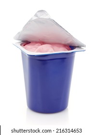 Fresh Pink Berry Yogurt In Blue Plastic Pot Isolated On A White Background