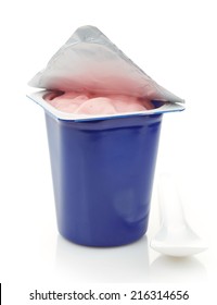 Fresh Pink Berry Yogurt In Blue Plastic Pot Isolated On A White Background