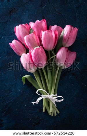 Fresh pink tulip flowers bouquet . View with copy space Spring holiday concept