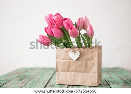 Fresh pink tulip flowers bouquet . View with copy space Spring holiday concept