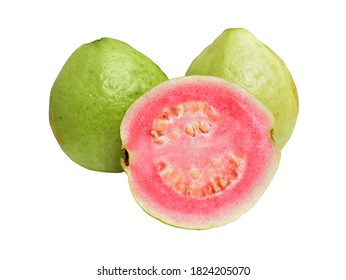 Fresh pink/red gauva fruit isolated with clipping path in white background, no shadow, tropical fruit