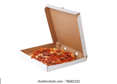 Fresh Pizza In Plain Open Box Isolated On White Background, Delivered Fast Food Concept