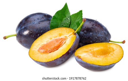 fresh plum fruit with green leaf and cut plum slices isolated on white background. Clipping path
