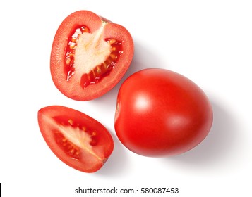 Fresh Plum Tomatoes On White Background With Natural Shadow. Top View