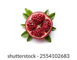 Fresh Pomegranate in Center Cut Open with Leaves on White Background