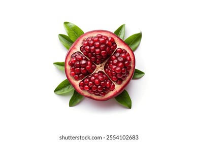 Fresh Pomegranate in Center Cut Open with Leaves on White Background