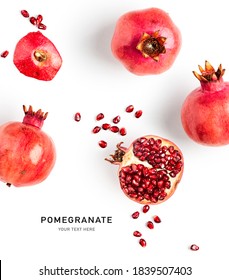 Fresh Pomegranate Creative Layout Isolated On White Background. Healthy Eating And Dieting Food Concept. Winter Fruits And Berries Composition. Top View, Flat Lay, Design Elements
