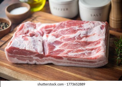 Fresh Pork Belly Block On Wooden Board