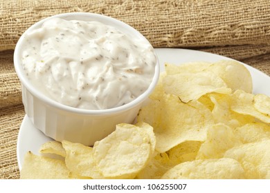 Fresh Potato Chips With Ranch Dip On A Background