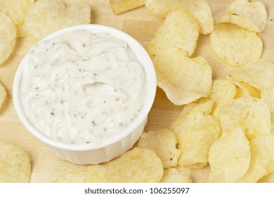 Fresh Potato Chips With Ranch Dip On A Background