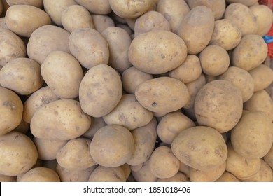 Fresh Potatoes On The Counter Top View Close-up. Harvest Farm Potatoes In The Market. Retail Trade In Vegetables. Soft Focus, Top View.